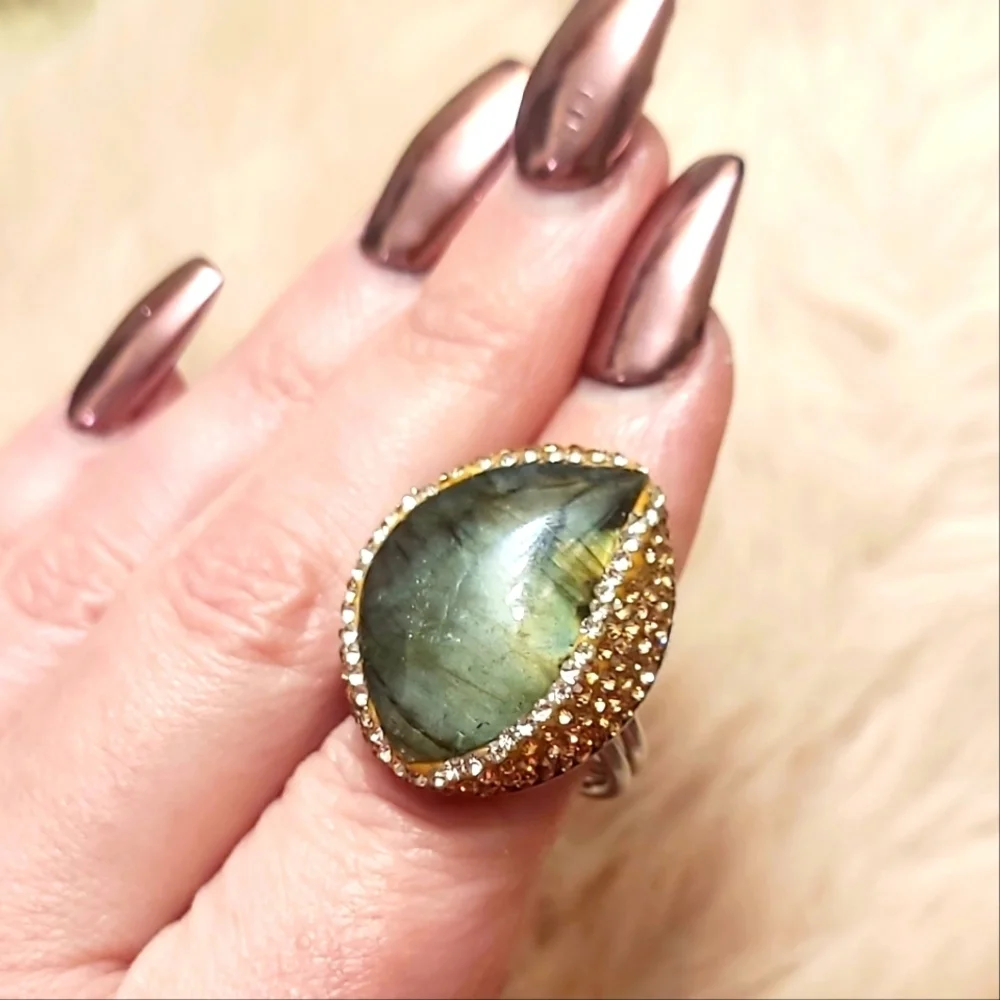 Natural Labradorite & Pave set Hematite Large Silver Ring